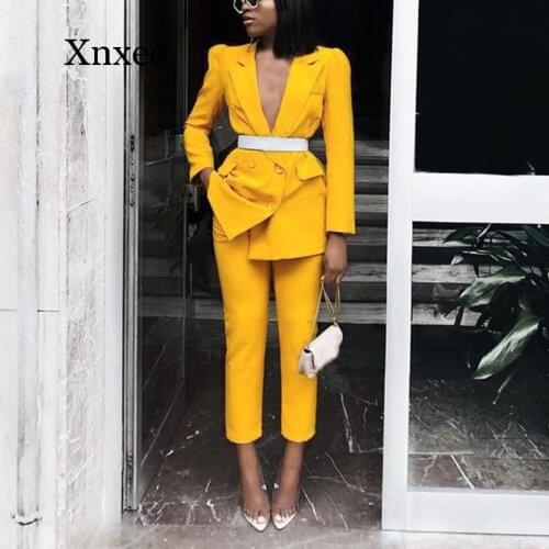 Yellow Red Blazer Feminino Conjunto Pantalone Double Breasted Notched Collar Office Ladies Blazer Pocket Long Sleeve Pant Suits