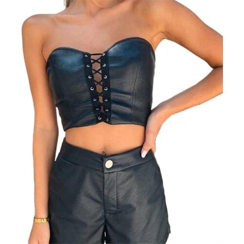 Stylish Faux Leather PU Lace-up Boob Tube Top Women Bandeau Strapless Sexy Push up Crop Tops Bodycon Black Summer Streetwear