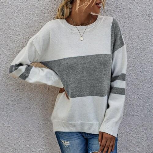 2020 Fashion Women Autumn Long Sleeve O Neck Sweater Color Block Knitwear Womens Clothing свитер женский pull femme