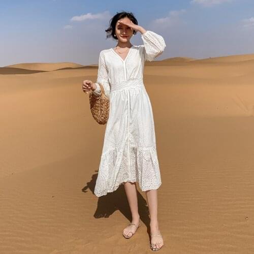 2021 New Summer Openwork Embroidered Midi Dress Women Short Puff Sleeve Pleat Vintage Dress Feminine Chic Embroidery White Dress
