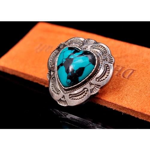 30mm Antique Silver Western Flower Engraved Heart Turquoise Leather Concho For Belt Bag Leathercraft Wallet Decor Screwback