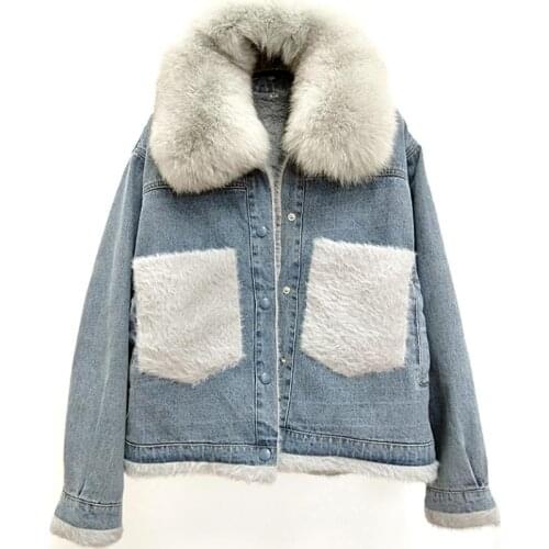 Velvet thick denim jacket female winter big fur collar lamb coat female coat