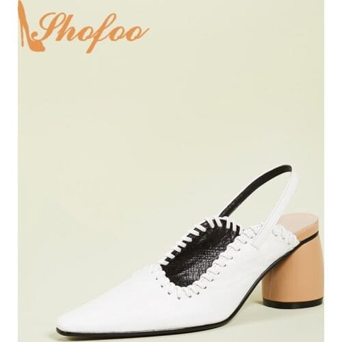 White Slingback Pumps High Round Heels Whipstitch Trim Women Pointed Toe Large Size 14 16 For Ladies Woman Mature Shoes Shofoo
