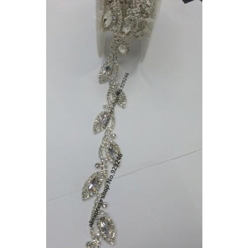 Free shipping 90cm/pack 1.8cm leaf flower shiny clear crystal rhinestone metal chain yard bridal wedding dress shoes decoration