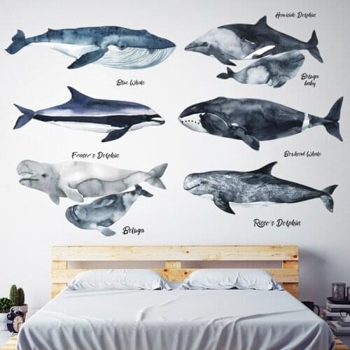 Large 3D Whale Dolphin Wall Stickers for Kids Room Bedroom Game Room Nordic Style Art Wall Decals Waterproof Bathroom Home Decor