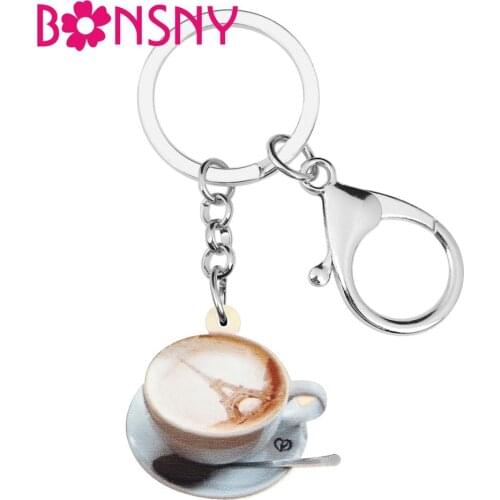 Bonsny Acrylic Eiffel Towel Coffee Cup Keychains Key Ring Bag Car Purse Decoration Key chain Women Girl Men Charm Gift Accessory