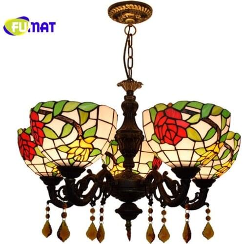 FUMAT European Retro Creative Tiffany Stained Glass Rose Flower Art Bar Garden 5 crystal Chandelier