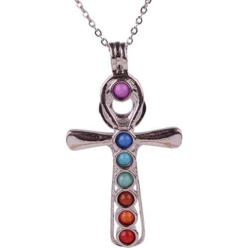 K1696 Lucky cross Chakra Stones Reiki Point Bead Pearl Cage Aroma Essential Oil Diffuser Locket Necklace stainless steel chain