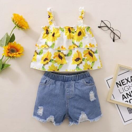 2 PCs Kids Suit Set Sunflower/Rose Embroidery O-Neck Sleeveless Cake Tops Denim Shorts Two-piece Embroidered Lace Sling Sunsuit
