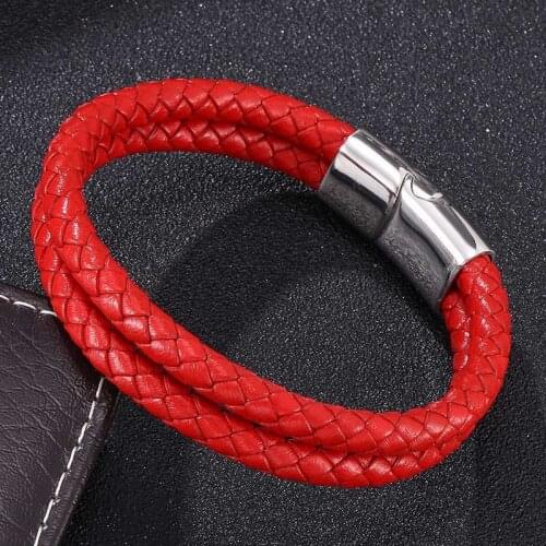 Red/Black Double Layer Braided Leather Bracelet Men Fashion Jewelry Stainless Steel Magnetic Clasp Charm Bangles Gift