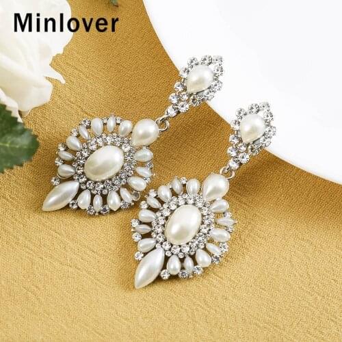 Minlover Trendy Elegant Simulated Pearl Drop Earrings Wedding Bridal Crystal Dangle Earrings Women Party Jewelry MEH1709
