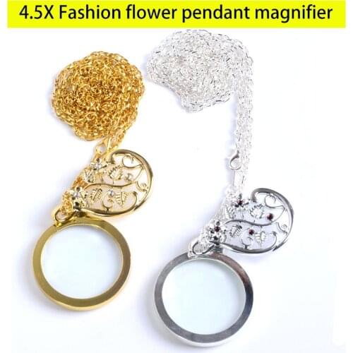 4.5X Fashion Flower Necklace Pendant Magnifier Strap Metal Hanging Chain Magnifying Glass Lens Gift Loupe