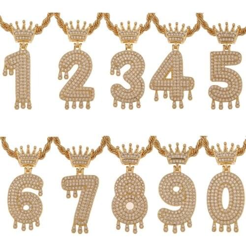 Fashion 0-9 Arabic Lucky Number Necklaces Shining Luxury Crown Zircon Pendant Jewelry Hip Hop Style Womens Neck Chain
