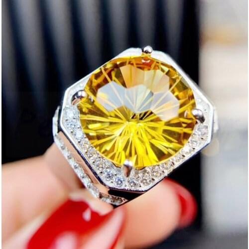 Per jewelry Men ring Natural authentic citrine round rings 6.5ct big gemstone Free shipping 925 sterling silver S972502