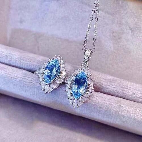 Natural Aquamarine S925 Sterling Silver Ring Pendant Necklace Set Fine Fashion Weddings Jewelry for Women MeibaPJFS