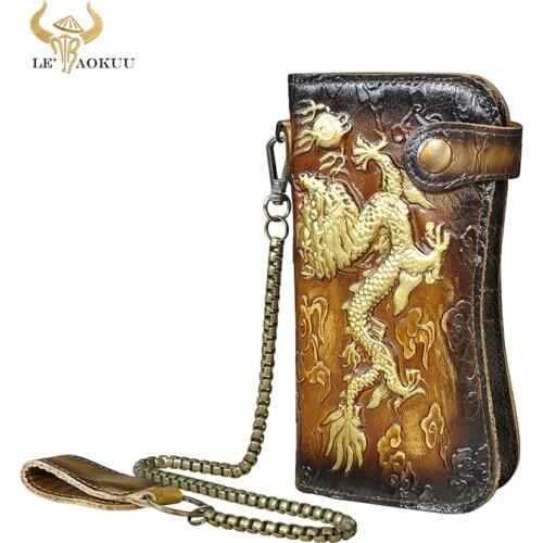 2020 New Luxury Male Genuine Cow leather Design Dragon Emboss Checkbook Iron Chain Organizer Wallet Purse Clutch Handbag 1088