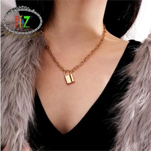 F.J4Z new arrival fashion punk metal style link chain lock pendant necklace hip hop rocker night club necklace