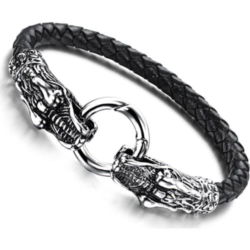New Fashion Style Bangle 316L Stainless Steel Snake Head Charms Trendy Male Bracelet Black Braided Leather Bracelets 20cm