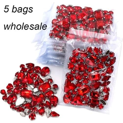 Wholesale 5 bags mixed shape silver base sewing glass rhinestone crystal Red rhinestones for clothing/wedding dress