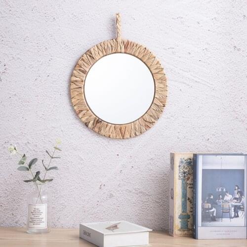 Farmhouse Style Handmade Straw Plaited Dressing Mirror Wall Art Decoration Makeup Woven Wall Hanging Mirrors Bedroom Photography
