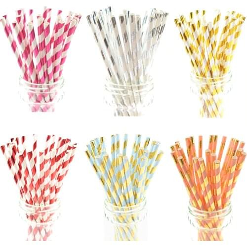 25pcs Gold Striped Foil Paper Straws Metallic Red Drinking Paper Straw Bar Birthday Wedding Decor Favor Girls Party DIY