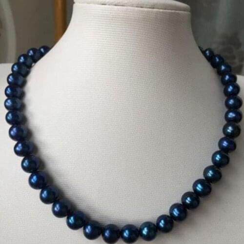Stunning AAA9-10Tahitian round black blue pearl necklace 18inch 14k/20