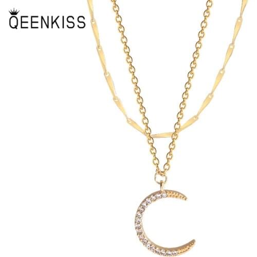 QEENKISS NC724 Fine Jewelry Wholesale Fashion Trendy Woman Girl Birthday Wedding Gift Moon AAA Zircon 18KT Gold Pendant Necklace
