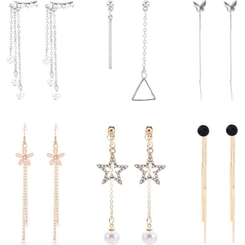 Japanese-Korean Style Inlaid Five-pointed Star and Hanging Pearl Long Tassel Pendant Earrings Simple and Versatile Jewelry