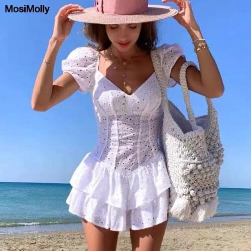 MosiMolly Chic Cotton Lace Romper Jumpsuits Women White Cotton Embroidery Ruffle Playsuit Romper Summer 2021