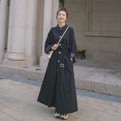 Womens Deep Blue Trench Coat 2021 Spring Autumn New Lapel Single-breasted Super Long Korean Loose Fashion Windbreaker 60PY