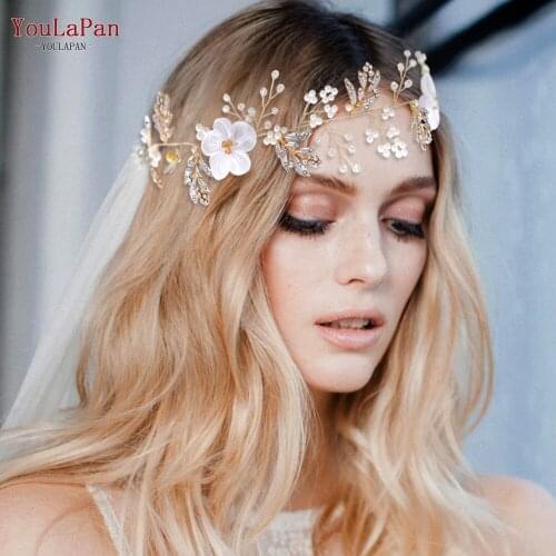 YouLaPan HP72 Golden Wedding Hair Vine Flower Hair Piece Bridal Hair Vine Floral Headbands for Women Tiara Bridal Hair Jewelry