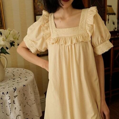 Women Short Sleeve Lace Cute Leisure Cotton Sleepwear Beige Square Collar Sweet Court Style Nightdress Princess Retro Nightgown