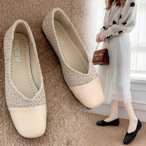 Women Shoes 2021 Flat Shoes Soft Pregnant Scoop Shoes Square Head Knitted Shoes Tide Girl Peas Shoes Female Ballet Shoes