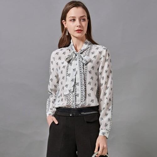 Womens Blouses and Tops Silk white bowtie Floral Printed Office Formal Casual Shirts Plus Large Size Spring Summer Sexy Femme