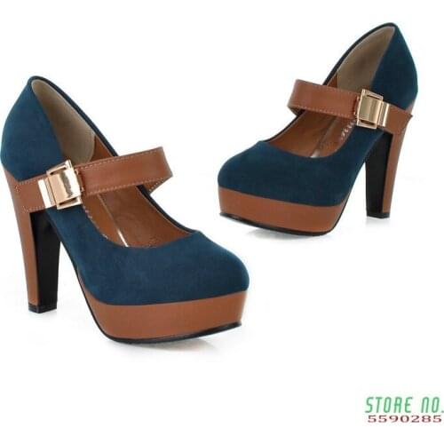 2018 Fashion Women High Heels Shoes Thick A Word Buckle Pumps Big Size 40 43 Womens Shoes Platform Colorblock Work Shoes