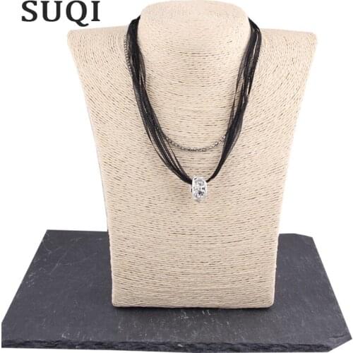 SUQI Pearl yarn ribbon Necklace Women Choker Silver color Rhinestone beads Necklaces Boho Pendants Femme Collar jewelry 2019