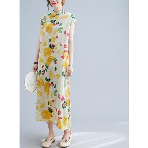 Thin Soft Cotton Linen Beading Vintage Chinese Style Dress cheongsam Robes Holiday Travel Casual Women Summer Floral Midi Dress