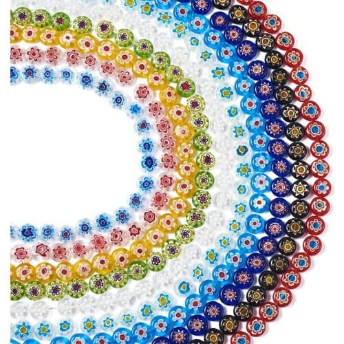 10strands Handmade Millefiori Flower Glass Bead Strands Flat Round Mixed Color Jewelry Necklace Making Beads