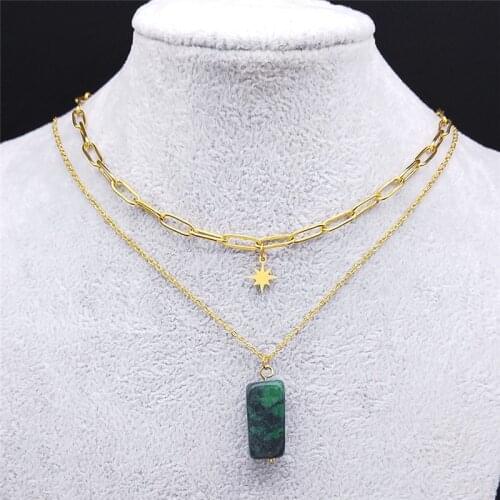 2pcs Star Stainless Steel Green Natural Stone Necklace Chain Women/Men Gold Color Layered Necklace Jewelry chaine femme NZ23S04