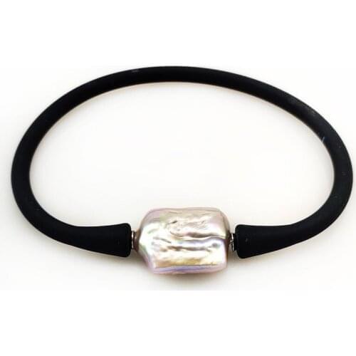 7 inches 10-16mm One AA Natural Lavender Baroque Pearl Black Elastic Rubber Silicone Bracelet