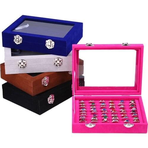 8 Booths Velvet Carrying Case with Glass Cover Jewelry Ring Display Box Tray Holder Storage Box Organizer