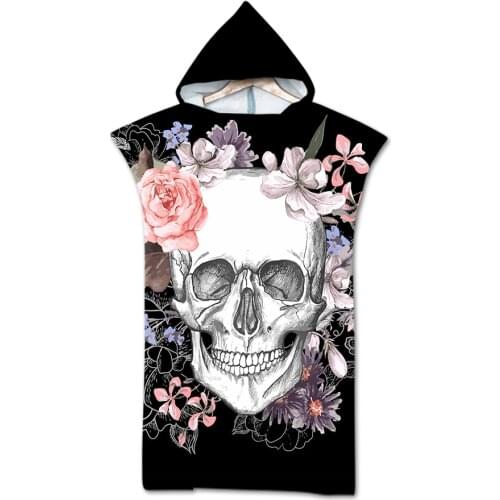 Free shipping Novelty Gift Gothic Cool Sugar Skull Flower Rose Pattern Large Hooded Spa Sauna Surf Swim Bath Beach Towel Poncho