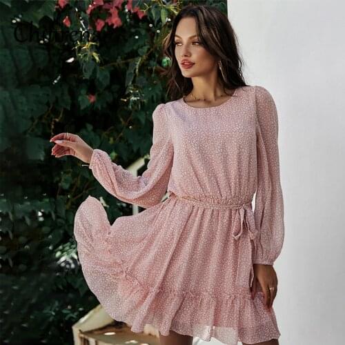 Chifirena 2021 Long-Sleeve Spring Summer Dress Women Beach Boho Belt Floral Print Dresses Elegant Party Sundress Ruffle Vestidos