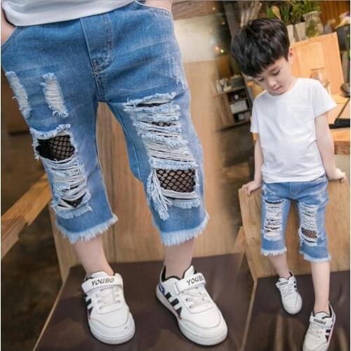 Childrens jeans summer fashion ripped hair beard jeans boys and girls cropped pants kids boys beggar tide pants 2-8 years old