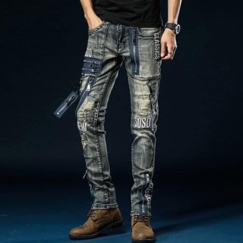 Jeans Multi Zipper Men Biker Punk Rock Denim Trouser Men Slim Fit Denim Rip Biker Jeans Mens Embroidery Motorcycle Jeans Men