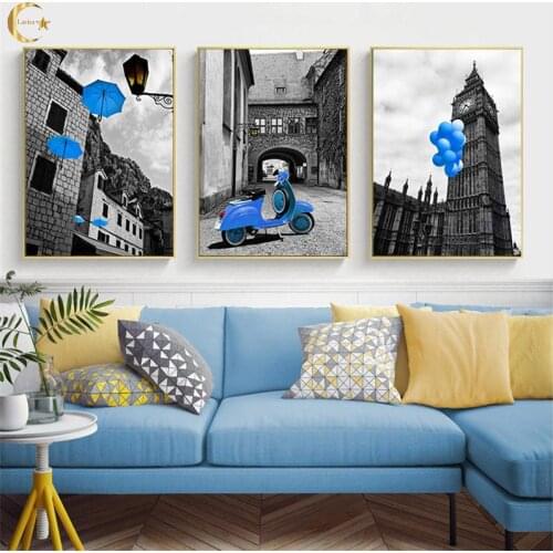 European City Landscape Canvas Painting Posters Nordic Wall Art Print Blue Decor Balloon Umbrella Scenery Picture for Home Decor