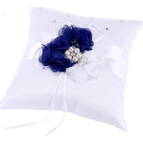 20*20cm Embellished Wedding Ring Pillow Cushion Pearl Flower Decorated Ring Bearer Pillow (Blue & White Flower)