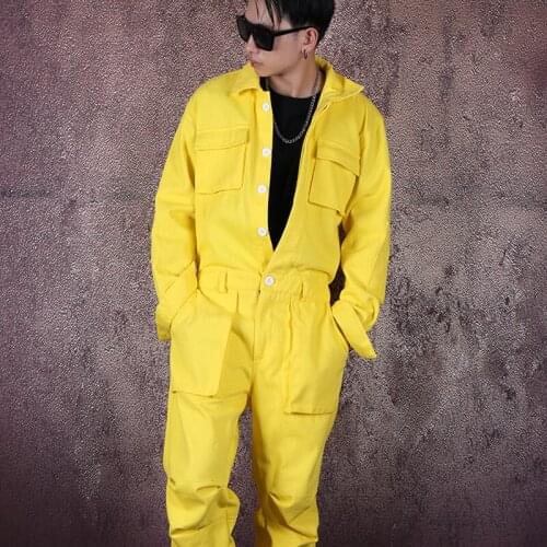 Yellow jumpsuit overalls mens Tooling jumpsuit nightclub male hairstylist Vintage Fashion Streetwear Casual Cargo Pants