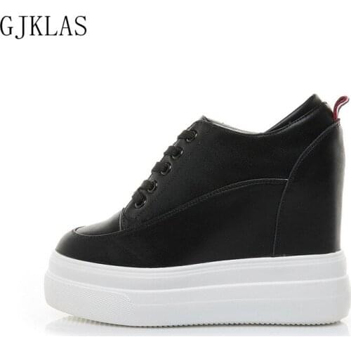Real Leather Hidden Wedge Sneakers Black Chunky Shoes Woman Comfortable Casuales White Platform Women Shoes High Heel Sneaker