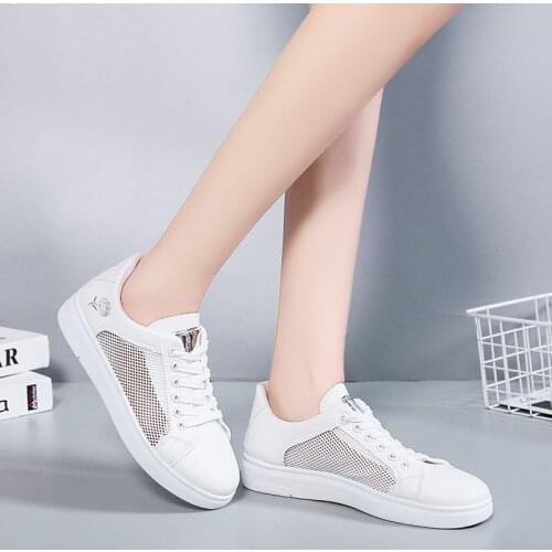 White Shoes Womens New Single Layer Shoes Leather Surface Sneakers All-Match Board Shoes Breathable Mesh Shoes Flat Shoes